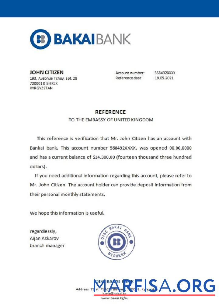 Blank Kyrgyzstan OJSC Bakai Bank reference download for verification